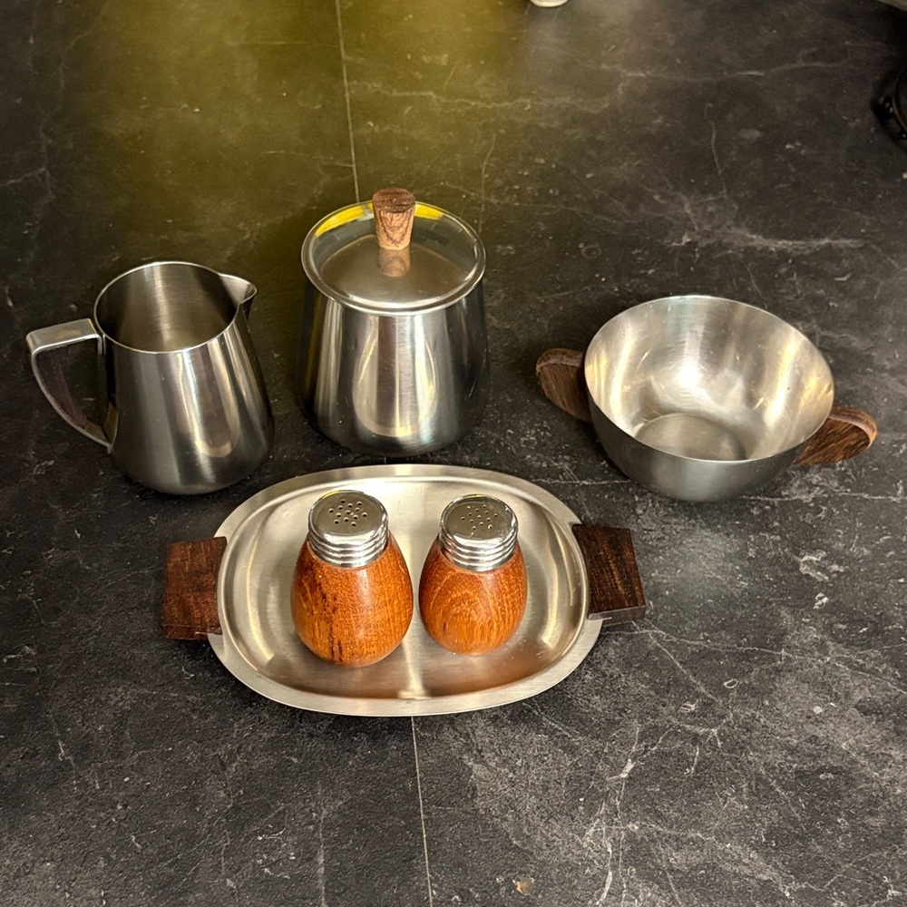Vintage wood and  stainless cream and sugar set